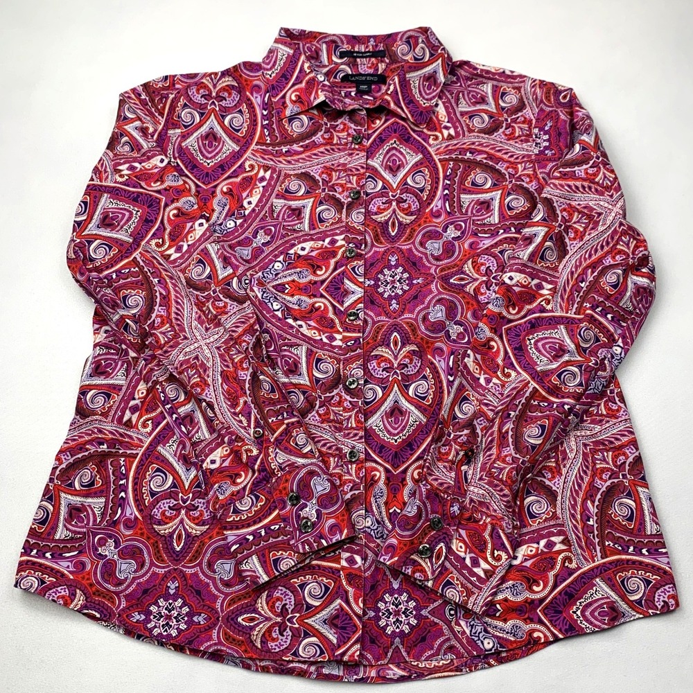 Lands End Womens 10P No Iron Supima Cotton Paisley Button Down Shirt Purple Pink